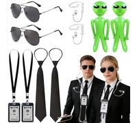 10PCS Agent Costume Accessories Set, Spy Costume Kit with ID Holders Ties Sunglasses Earpieces Inflatable Green Aliens, Secret Agent Dress Up Kit for Women Men Halloween Cosplay Carnival Fancy Dress