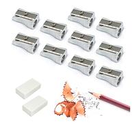 10pcs Aluminum Alloy Single Hole Pencil Sharpener with 2pcs Eraser, Handheld Simple Pencil Sharpener, School Supplies for Students, for Studying, Painting, Pencils, Crayons, Eyebrow Pencils.