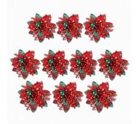 10Pcs Artificial Christmas Flowers, Red Checkered Poinsettia Decorations | 15 Cm Diameter, Red And Green Checkered Design, Glitter Finish, Suitable For Christmas Tree Wreath Garland Mantel Party Decor