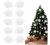 10Pcs Artificial Glitter Flowers with Clips, 10cm White Decorative Christmas Flowers for Tree, Wreath and Holiday Decor, Christmas Mantel Decorations