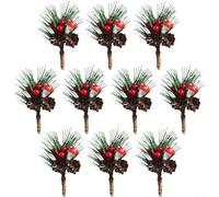 10Pcs Artificial Pine Needle Picks with Red Berries and Pine Cones, PVC Christmas Tree Ornaments for Wreaths, Garland, Bouquets, Wrapping and DIY Holiday Crafts
