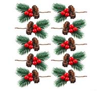 10pcs Artificial Pine Picks with Red Berries and Pine Cones for Christmas Tree, Wreaths, Bouquets, Greeting Cards, Wedding and Party Holiday Decoration