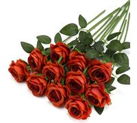 10Pcs Artificial Roses Flowers Fake Single Silk Rose with Stem Burnt Orange | Fake Silk Roses with 20in Long Stem Autumn Orange Rose for Harvest Festival Floral Arrangement Decor Holiday Gift