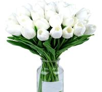10PCS Artificial Tulips Flowers, Artificial Tulips Faux Flowers with Stems,For Spring Mother's Day Easter Gifts Home Kitchen Wedding Decoration (White)