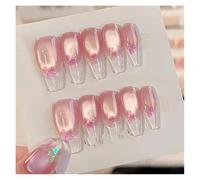 10pcs Aurora Cat Eye Handmade Press On Nails Pink Cherry Blossom False Nail Crystal Flower Pearl French Coffin Manicure For Girls(1 Size XS)