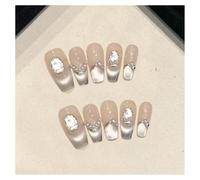 10pcs Aurora Cat Eye Handmade Press On Nails Pink Cherry Blossom False Nail Crystal Flower Pearl French Coffin Manicure For Girls(5 Size L)