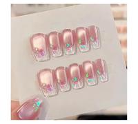 10pcs Aurora Cat Eye Handmade Press On Nails Pink Cherry Blossom False Nail Crystal Flower Pearl French Coffin Manicure Reusable(2 Size S)