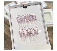 10pcs Aurora Cat Eye Handmade Press On Nails Pink Cherry Blossom False Nail Crystal Flower Pearl French Coffin Manicure For Girls(7 Size M)