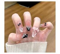 10pcs Aurora Cat Eye Handmade Press On Nails Pink Cherry Blossom False Nail Crystal Flower Pearl French Coffin Manicure For Girls(6 Size XS)