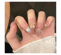 10pcs Aurora Cat Eye Handmade Press On Nails Pink Cherry Blossom False Nail Crystal Flower Pearl French Coffin Manicure For Girls(8 Size L)