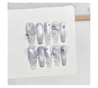 10pcs Aurora Cat Eye Handmade Press On Nails Pink Cherry Blossom False Nail Crystal Flower Pearl French Coffin Manicure For Girls(4 Size S)