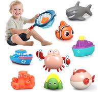 10PCS Bath Toys for Kids, Bathtub Boat Water Squirters, Wind up Swimming Pool Toys, Bath Time Cute Accessory, Floating Ocean Animals for Boy Girl Shower, Water Spray Game Gift with Fishing Net