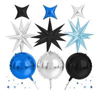 10pcs Black Blue Silver Foil Star Balloons Set, 22 & 10 Inch Large 4D Inflatable Mirror Starburst Balloon For New Year Eve Party, Birthday, Graduation, Wedding, Engagement & Anniversary Decor
