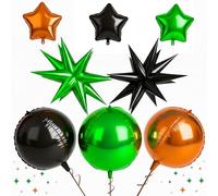 10pcs Black Green Orange Halloween Foil Star Balloons - 22 Inch Large 4D Round Starburst Balloon Helium Ready for Party Decor, New Year, Birthday, Wedding & Celebration Supplies