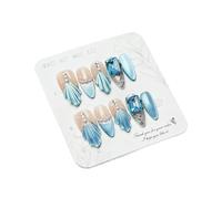 10Pcs Blue Fishtail Handmade Nails Pearl Diamond Press on Nail Medium Long Almond Full Coverage Nail for Women&Girl False Nail(L)