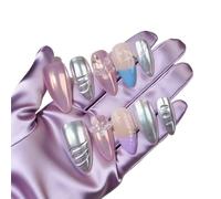 10pcs Blue French Silver Handmade Nails Cherry Blossom Mist Star Sea Press-on Nails Medium Almond Fake Nails For Women&Girl(XS)