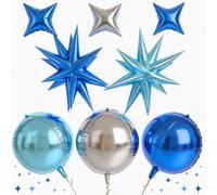 10pcs Blue & Silver Foil Star Balloons, 22 Inch Large Ice Winter Theme 4D Round Starburst Balloon Helium Decoration For Birthday Party, Winter Wedding, Baby Shower & Anniversary Supplies