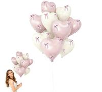 10Pcs Bow Balloons, Pink and White Heart Balloons with 30Pcs Bows, Romantic Decorations for Weddings, Birthdays, Baby Showers, Valentine's Day, Includes Pink Ribbon and Adhesive Tape