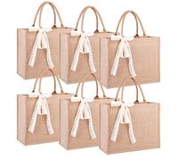 10pcs Burlap Tote Bag Bulk, Reusable Jute Tote Bags with Handles 12x12x7.8 Inch Large Natural Blank Burlap Tote with Ribbon Waterproof Beach Jute Bag for Shopping Weddings Travel DIY Embroidery Crafts