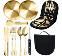 10Pcs Camping Cutlery Set for 2 Person,Portable Tableware Set for Hiking,Gold Food-Grade Stainless Steel,Picnic Utensils Set with Spoons Forks Knife Clip Plate,Case with Zipper Pouch