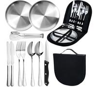 10Pcs Camping Cutlery Set for 2 Person,Portable Tableware Set for Hiking,Silver Food-Grade Stainless Steel,Picnic Utensils Set with Spoons Forks Knife Clip Plate,Case with Zipper Pouch