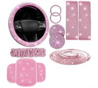 10PCS Car Interior Set with Steering Wheel Cover, Mobile Phone Holder, Diamond Coaster, and Decorative Strips for Vehicle Aesthetic Upgrade and Enhanced Driving Comfort (Pink)
