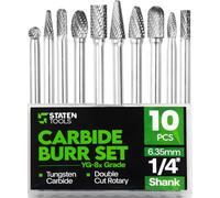10Pcs Carbide Burr Set 1/4 Shank w/Clear Box Head Dia 8mm Die Grinder Bits Rotary Tools Attachment Kit Rasp File Accessories Metal Wood Stone Steel Grinding Deburring Cutting Porting Carving