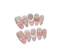 10Pcs Cat Eye Press On Nails Pink Bow Almond Full Cover False Tips，XS