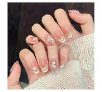 10Pcs Cat's Eye Short Almond Press On Fake Nails With Broken Diamond White French Flower Pattern False Nail DIY Manicure(M-Y1)