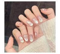 10Pcs Cat's Eye Short Almond Press On Fake Nails With Broken Diamond White French Flower Pattern False Nail For Girls(XS-Y2)