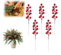 10PCS Christmas Artificial Pine Branches with Red Berry Stems,Faux Evergreen Stems,Fake Ne Foliage Leaves Pines Pine Cypress