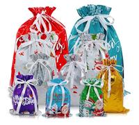 10Pcs Christmas Drawstring Gift Bags,Christmas Wrapping Bag Multipack,Xmas Pull String Bags Reusable Wonder Wrap Bags Present Sacks,Large Medium Small Foil Gift Bags for Present Xmas Party Decorations