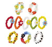 10PCS Colorful Daisy Flower Rainbow Beads Rings for Women, Cute Handmade Rice Bead Rings with Elastic, Adjustable Boho Stacking Jewelry, Birthday Wedding Party Hypoallergenic Gift for Women Girls
