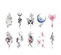 10pcs Colorful Tattoo Stickers For Women Men Dragon Snake Butterfly Flower Fake Tattoo Temporary Tattoos Waterproof