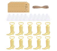 10Pcs Country Celebration Bottle Opener Mementos | Cowboy Boot Zinc Alloy Favor Pack, Gold Finish, Organza Bags, Thank-You Cards, Twine, Guest Tokens