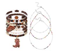 10pcs Cowgirl Beaded Bracelets Set, Include 7 Stackable Western Beaded Stretch Bracelets with Cowgirl Hat and Boot Charms and 3 Necklaces Y2K Style Boho Summer Beach Jewelry for Female(Brown)