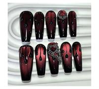 10Pcs Dark Blood Red Long Tip Handmade Press On Nails Diamonds Cat Eye Glitter Chains Fake Nail DIY Manicure(Long Ladder-S)