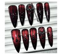 10Pcs Dark Blood Red Long Tip Handmade Press On Nails Diamonds Cat Eye Glitter Chains Fake Nail For Girls(Long Tip-M)