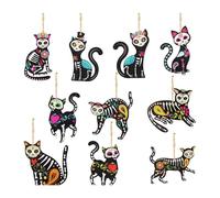10pcs Day of The Dead Skull Cats Ornaments, Mexican Fiesta Dia De Los Muertos Hanging Skeleton Cats, Halloween Wooden Hanging Ornaments for Mexican Fiesta Day Holiday Party Decor