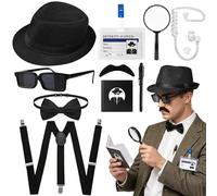 10Pcs Detective Costume Set, Detective Accessory Kit with Fedora Hat Fake Mustache Bow Tie Suspenders Earpiece Sunglasses Id Card Magnifier Notebook Invisible Ink Pen for Adults Halloween Cosplay