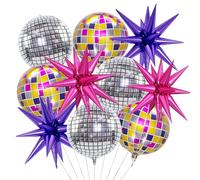10pcs Disco Ball Birthday Party Decorations, 70s 80s Disco Bachelorette Baby Shower Balloons Party Decor, Purple and Silver Star Mylar Balloons (Pink Purple)