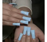 10Pcs Duck Press on Nails - Solid Color Duck Nails Tips Shaped Glossy Full Cover Acrylic French False Nail Duckbill Fake Nail Glue ons Fingernails for Women (Long Blue Light,S)