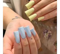 10Pcs Duck Press on Nails - Solid Color Duck Nails Tips Shaped Glossy Full Cover Acrylic French False Nail Duckbill Fake Nail Glue ons Fingernails for Women (Long Blue + Yellow,L)