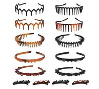 10Pcs Elastic Tooth Headband with 4Pcs Clips, Zig Zag Headbands Non Slip Hair Bands for Women Girls, Wavy Sharks Tooth Hair Comb for Men, Ladies (Black, Brown)