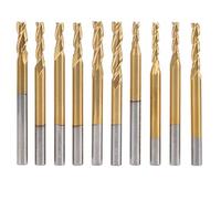 10Pcs End Mill 3 - Flute Round Shank Milling Cutter, Tungsten Steel CNC Machining Tool, Ti - Plated Engraving Bits for Wood Acrylic Plastic PCB, Durable 3D Relief Carving Set with