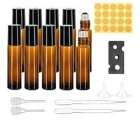 10Pcs Essential Oils Roller Bottles, Brown Roll on Bottles with Stainless Steel Ball, Glass Roller Ball Bottle 10 ml, Dropper, Pipette, Label for Essential Oil, Fragrance, Aromatherapy