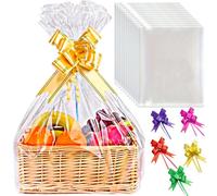 10Pcs Extra Large Cellophane Wrap Bags For Hampers - 70x100cmClear Cellophane Wrap Bags with Pull Bows, Resealable Basket Gift Bag for Hamper Making Christmas Easter Valentine's Day Presents Packaging