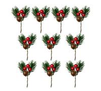 10Pcs Fake Christmas Holly Sprigs Artificial Pine Picks with Red Berry Natural Pine Cones Christmas Pines Needle Hollies Berry Stems Decor,Xmas Foliage Berries Holly Bouquets Craft Flower Wreath Decor