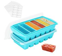 10PCS Freezer Labels +Silicone Soup Moulds with Lid 2 Pack 1/2 Cup Soup Freezer Tray Food Storage Containers for Freezing Extra Large Ice Cube Tray for Soupe, Broth, Sauce, Butter, Meal Prep,Blue
