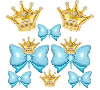 10pcs Gold Crown Balloons And Blue Bow Balloon, Light Blue Bows Balloons, Large Gold Crown Foil Balloon With Two Sizes For Birthday Baby Shower Queen Theme Party Wedding Bridal Shower Decoration
